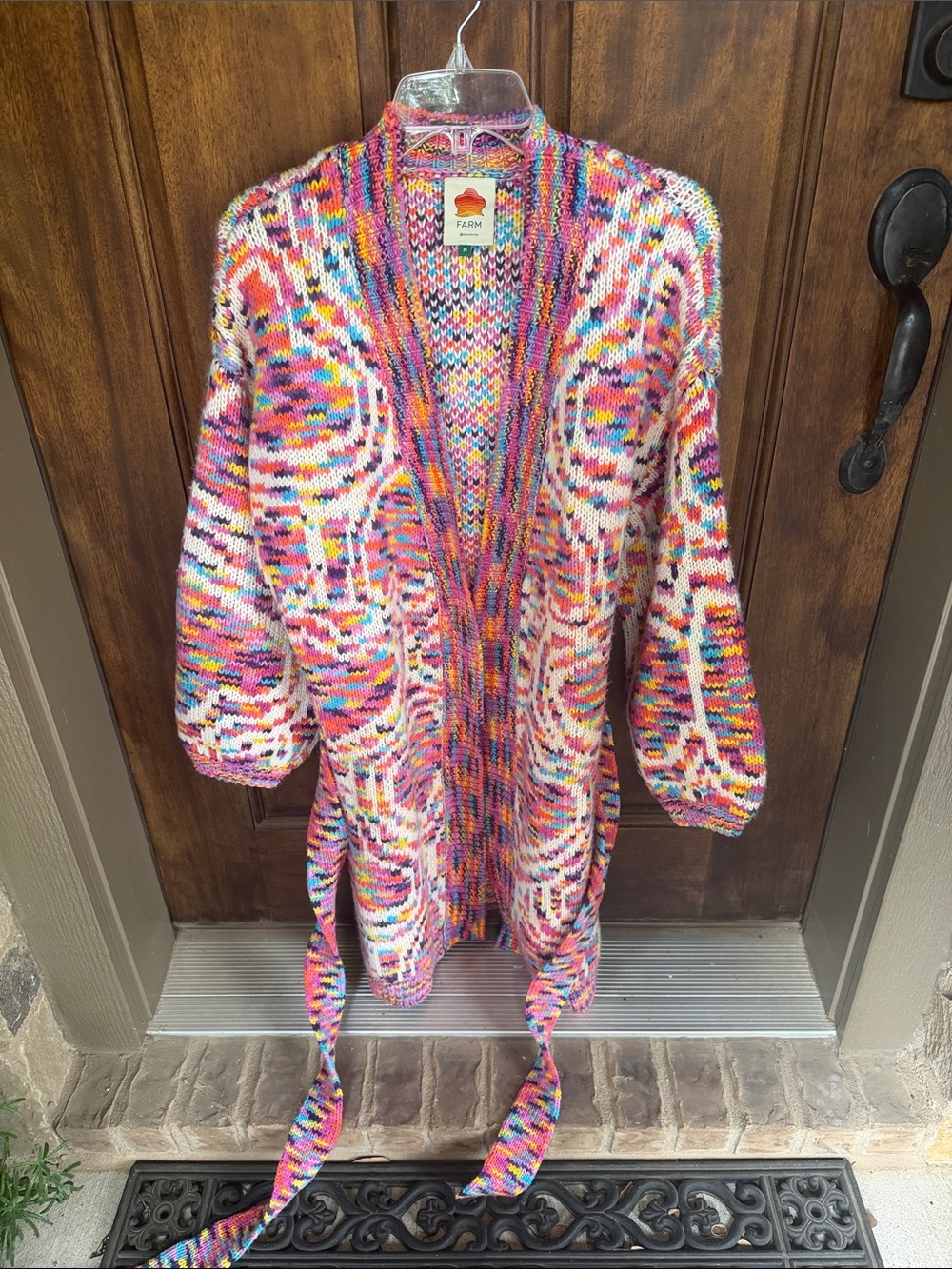 FARM Rio Multicolor Knit Belted Heart Cardigan in Pink Orange Yellow Blue Cream - Picture 4 of 7